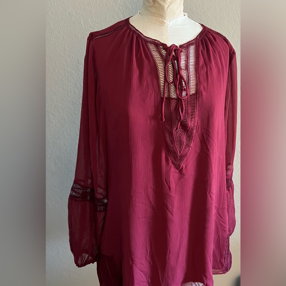 Long‎ sleeve red wine peasant style blouse